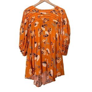 Free People Oversized Small Orange Floral Blouse Boho Top Shirt Open Back Tunic
